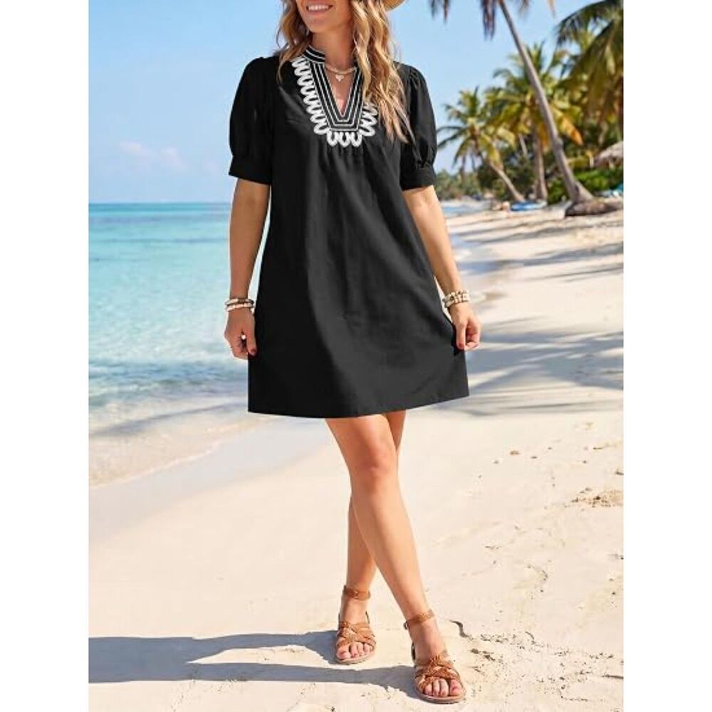 Women's Green V Neck A Line Short Sleeve A Line Embroidered Boho Short Dress - Picture 3 of 5